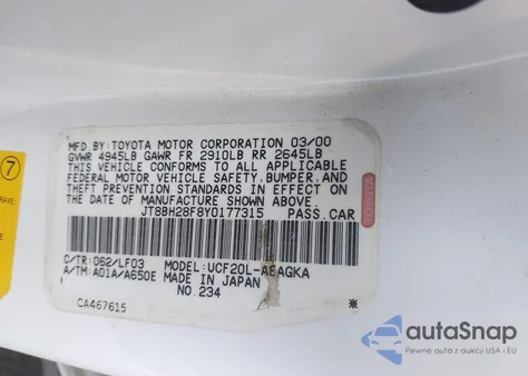 2000 Lexus Ls 400 из США, поврежденный, VIN JT8BH28F8Y0177315